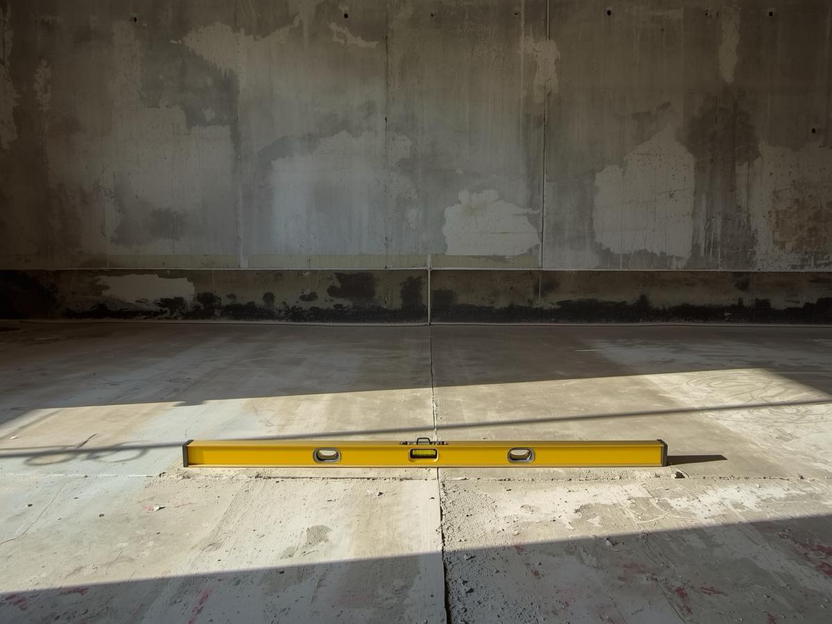 Settled garage floor sitting below the original line at the door threshold, level on the slab