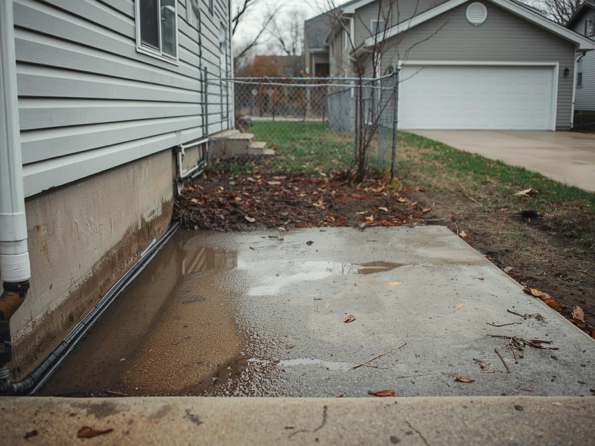 Sunken backyard patio slab holding rainwater against the basement wall