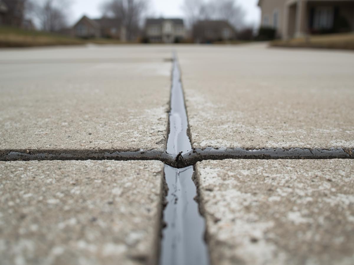 Freshly caulked expansion joint between two level slabs on an older driveway