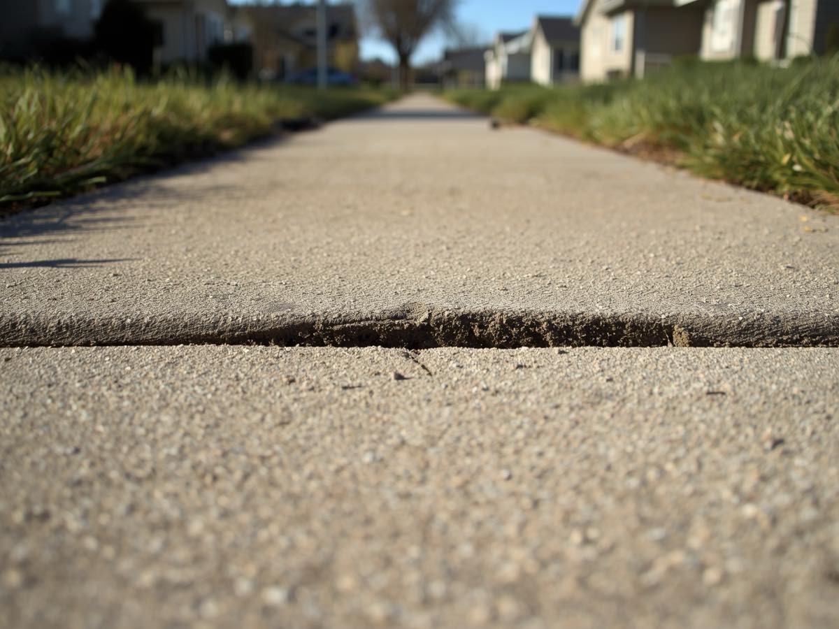 Heaved city sidewalk panel lifted by tree roots creating a trip hazard