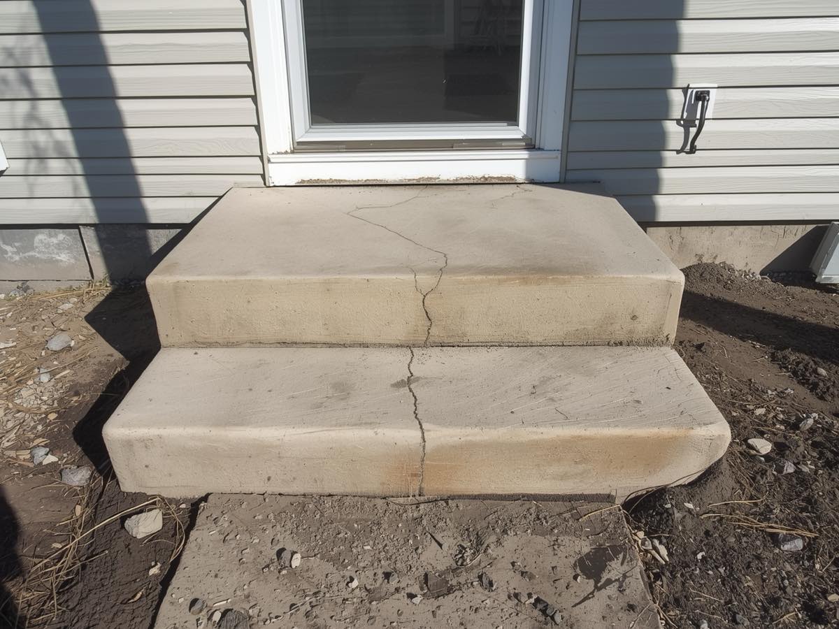 Concrete front stoop of an older duplex settled and pulling away from the entry
