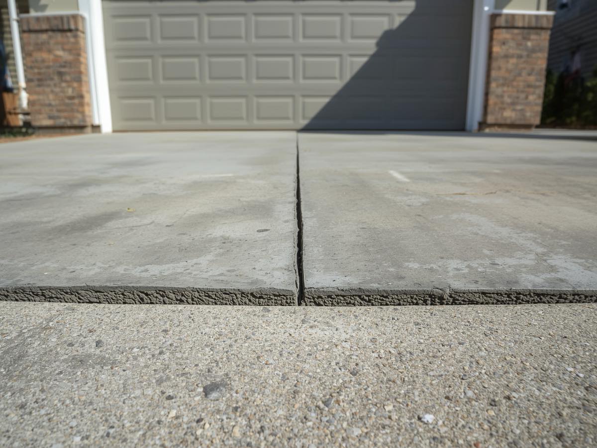 Settled shared concrete driveway between two older Milwaukee brick bungalows